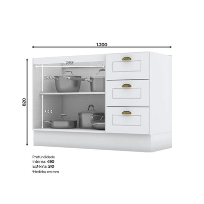 Balcão de Cozinha 2 Portas e 3 Gavetas 120cm Branco HP – Estilo Americano