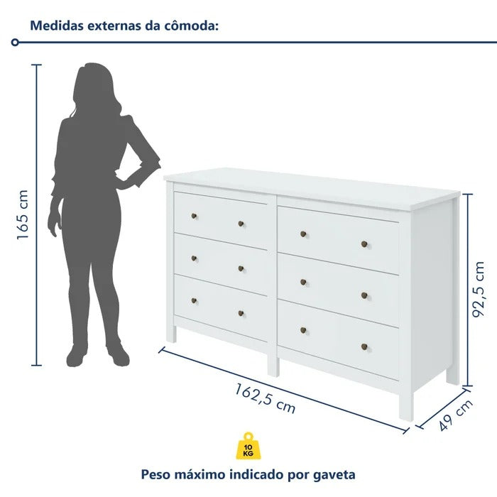 Cômoda 6 Gavetas Maggiore New Branca com Puxadores Metálicos
