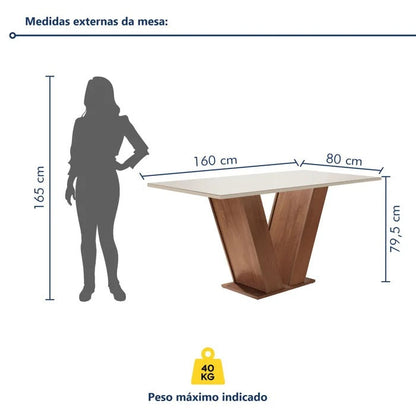 Conjunto Mesa de Jantar 160cm Tampo de Vidro com 6 Cadeiras Estofadas Base em V