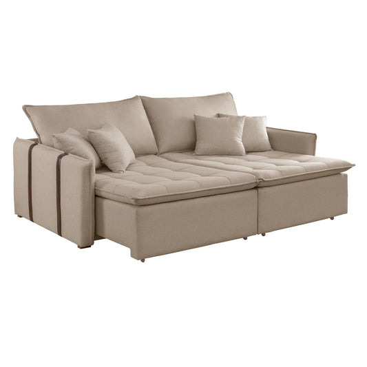 Sofá-Cama Retrátil e Reclinável 3 Lugares Linho Cru 200cm com Molas Bonnel