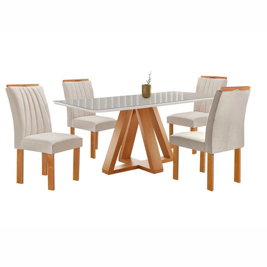 Mesa de Jantar com Vidro 120cm e 4 Cadeiras Estofadas Cinamomo/Off White