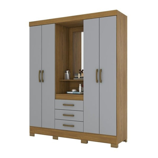 Guarda-Roupa Solteiro 4 Portas 3 Gavetas com Espelho MDP Nature Cinza Bhappy