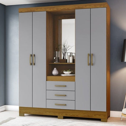 Guarda-Roupa Solteiro 4 Portas 3 Gavetas com Espelho MDP Nature Cinza Bhappy