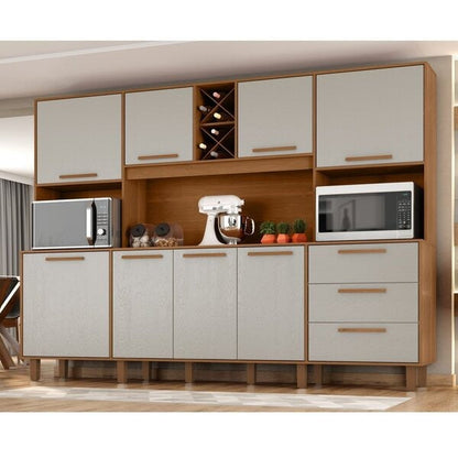 Armário de Cozinha 8 Portas 3 Gavetas com Nicho Garrafeiro – Cinamomo e Areia