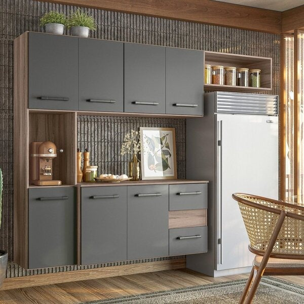 Cozinha Compacta Suspensa 7 Portas 2 Gavetas – Carvalho Nature e Chumbo