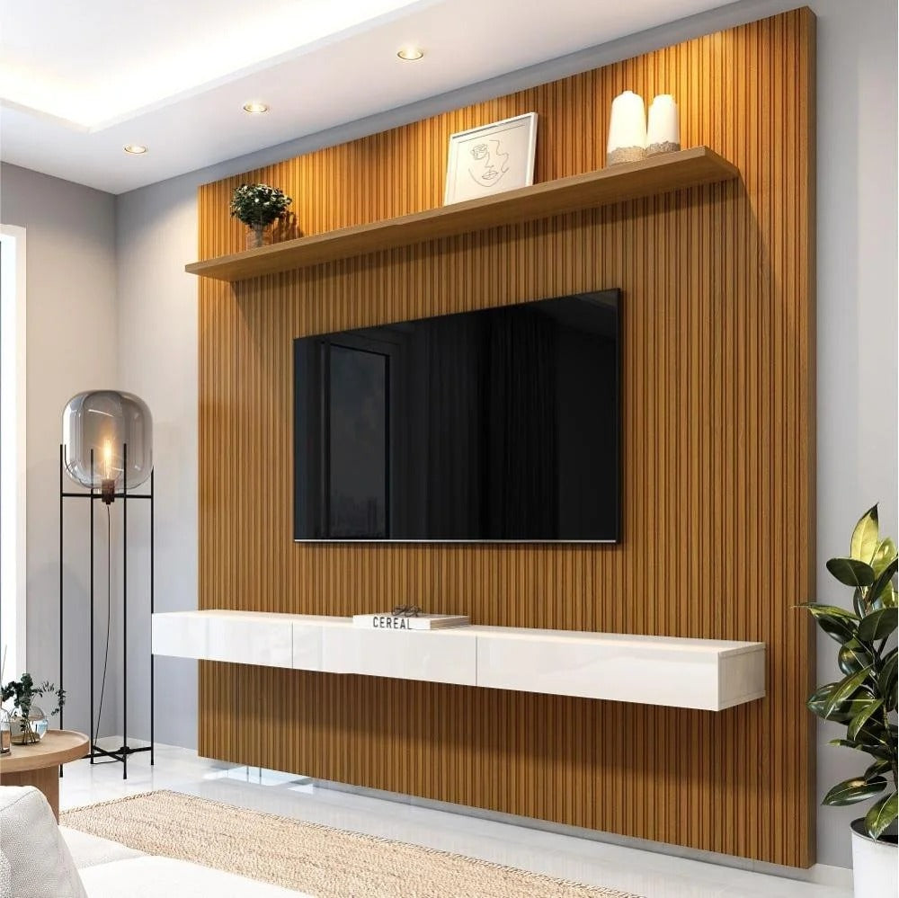 Painel Ripado 3D para TV até 75 Polegadas com Nicho e Portas Basculantes