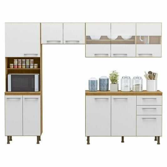 Cozinha Compacta 11 Portas 2 Gavetas com Vidro – Sinai e Branco