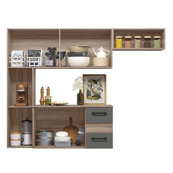 Cozinha Compacta Suspensa 7 Portas 2 Gavetas – Carvalho Nature e Chumbo