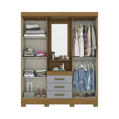 Guarda-Roupa Solteiro 4 Portas 3 Gavetas com Espelho MDP Nature Cinza Bhappy