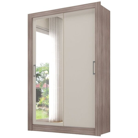 Guarda-Roupa Solteiro 2 Portas de Correr com Espelho MDP Castanho Off White Liz