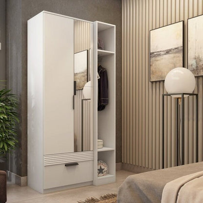 Guarda-Roupa Solteiro 2 Portas 1 Gaveta MDP Branco com Espelho