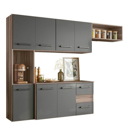 Cozinha Compacta Suspensa 7 Portas 2 Gavetas – Carvalho Nature e Chumbo