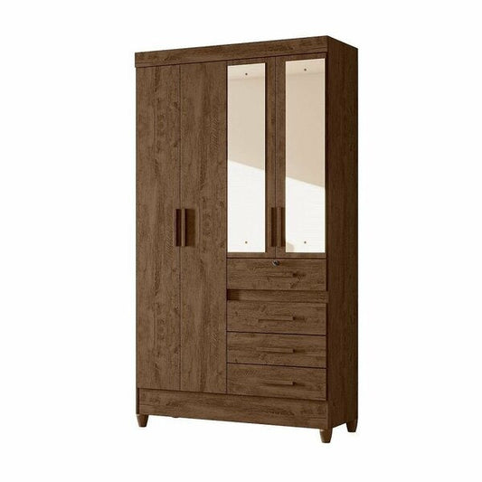 Guarda-Roupa Solteiro com 4 Portas, 4 Gavetas e Espelhos – Castanho Wood