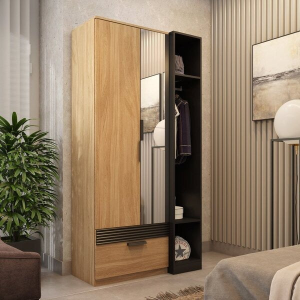 Guarda-Roupa Solteiro 2 Portas 1 Gaveta com Espelhos Amêndoa e Preto Capri