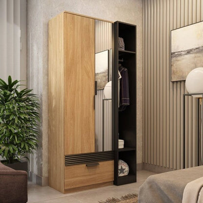 Guarda-Roupa Solteiro 2 Portas 1 Gaveta com Espelhos Amêndoa e Preto Capri
