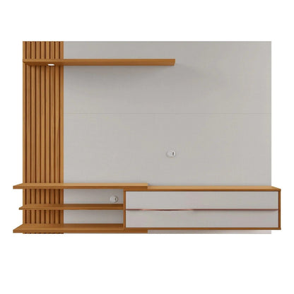 Painel para TV em madeira e branco com prateleiras e espaço para nichos