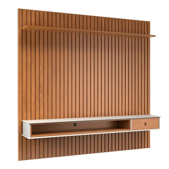 Painel ripado para TV em madeira com prateleira superior e nicho inferior com gaveta