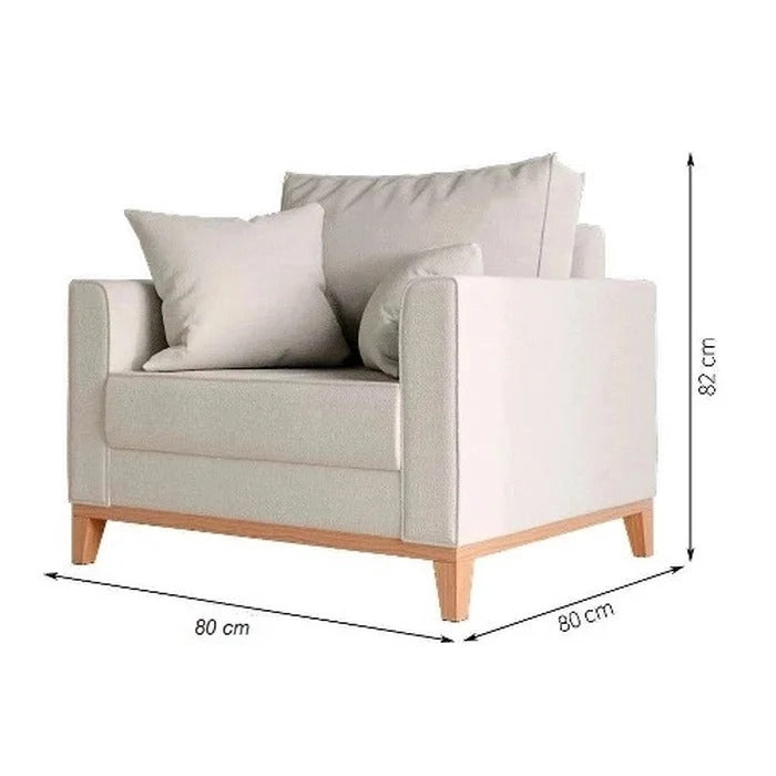 Poltrona bege com medidas 80 cm de largura, 80 cm de profundidade e 82 cm de altura