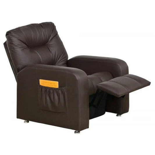 Poltrona reclinável em couro sintético marrom com apoio para pés estendido