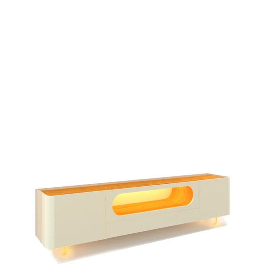 Rack moderno baixo em madeira e branco com iluminação interna em LED