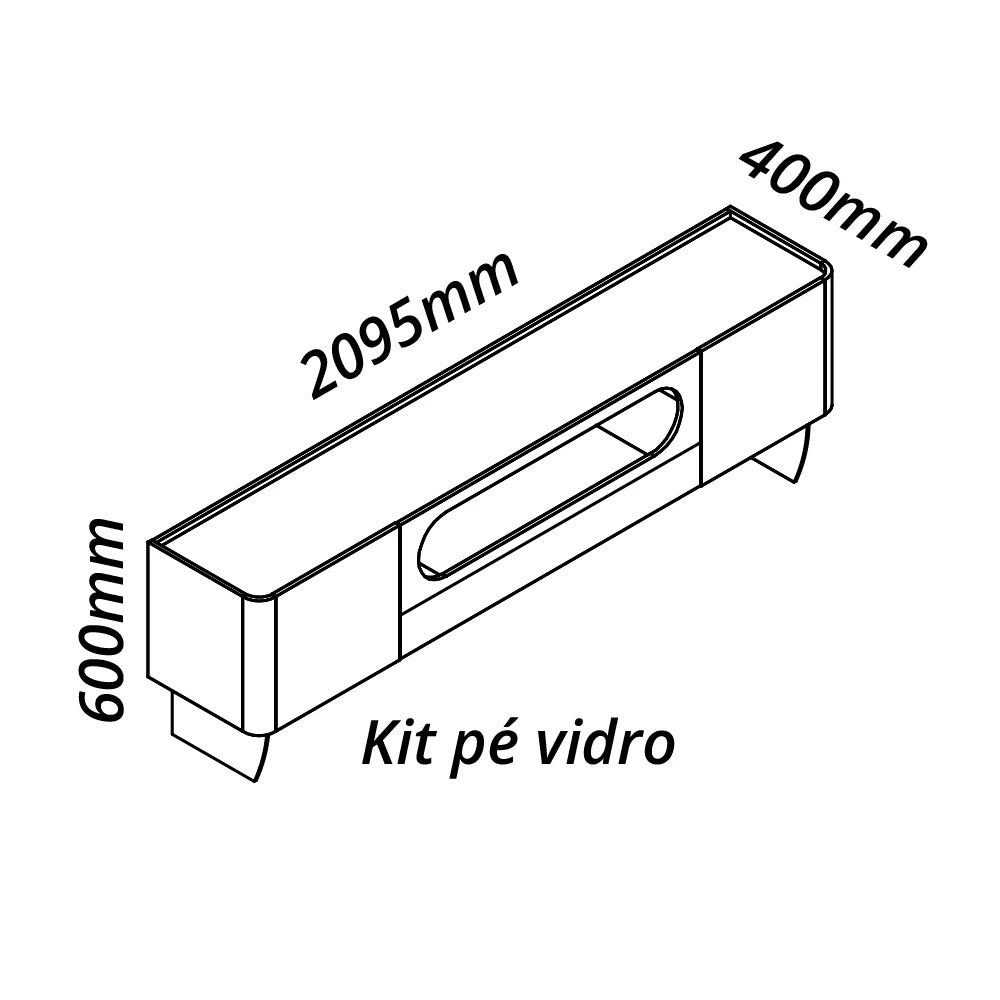 Rack para sala em madeira com pés de vidro, medidas 209,5 cm largura, 60 cm altura e 40 cm profundidade.